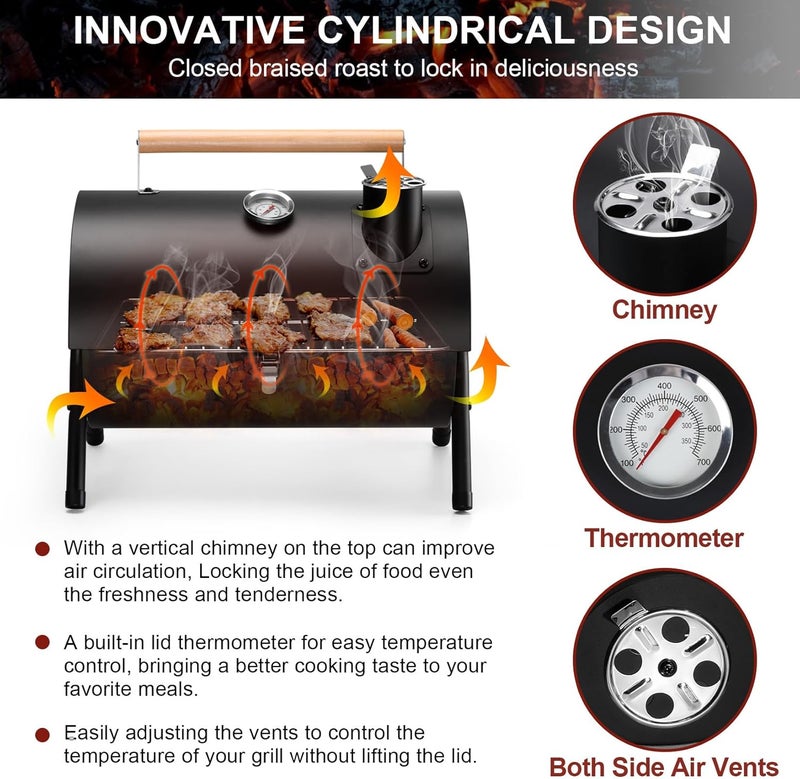 Joyfair Portable Charcoal Grill with Thermometer, Small Tabletop Barbecue Grill for Outdoor Camping Backyard Party BBQ Cooking, Extra Thick Steel & Heavy Duty, Innovative Design & Easy Assembly - Image 2